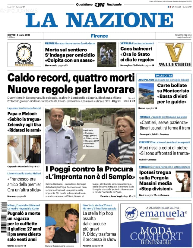 Capa jornal La Nazione 2025-07-03