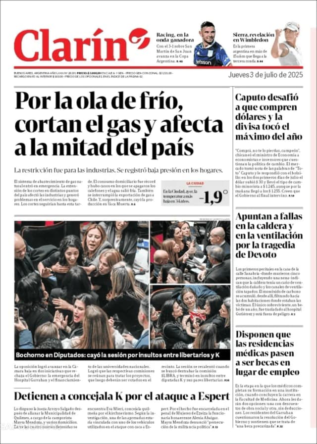 Capa jornal Clarín 2025-07-03