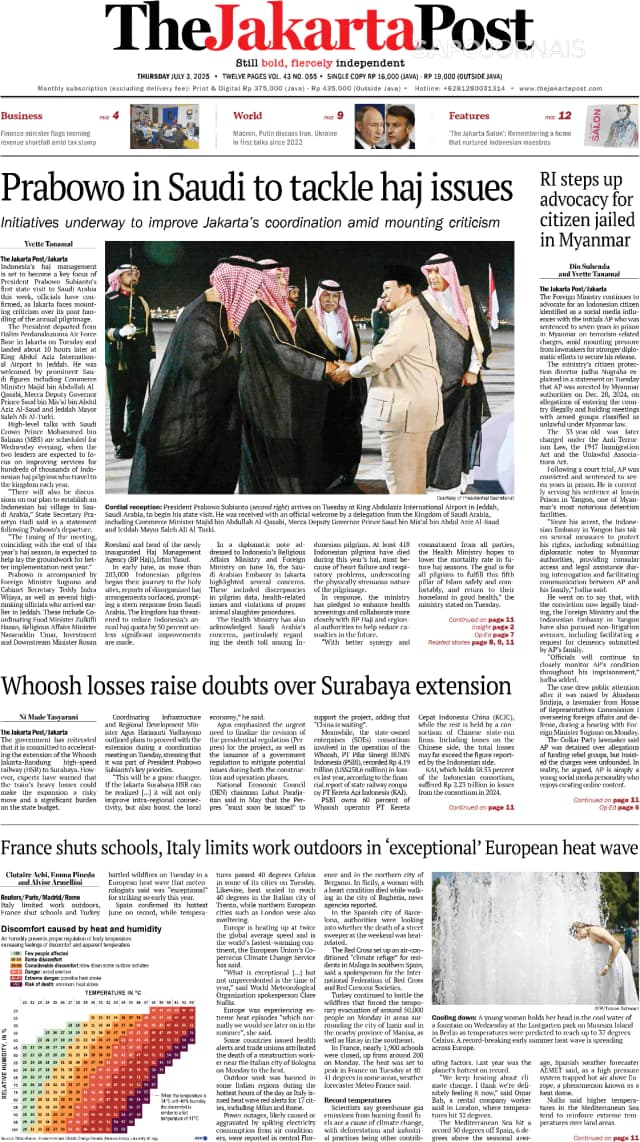 Capa jornal The Jakarta Post 2025-07-03
