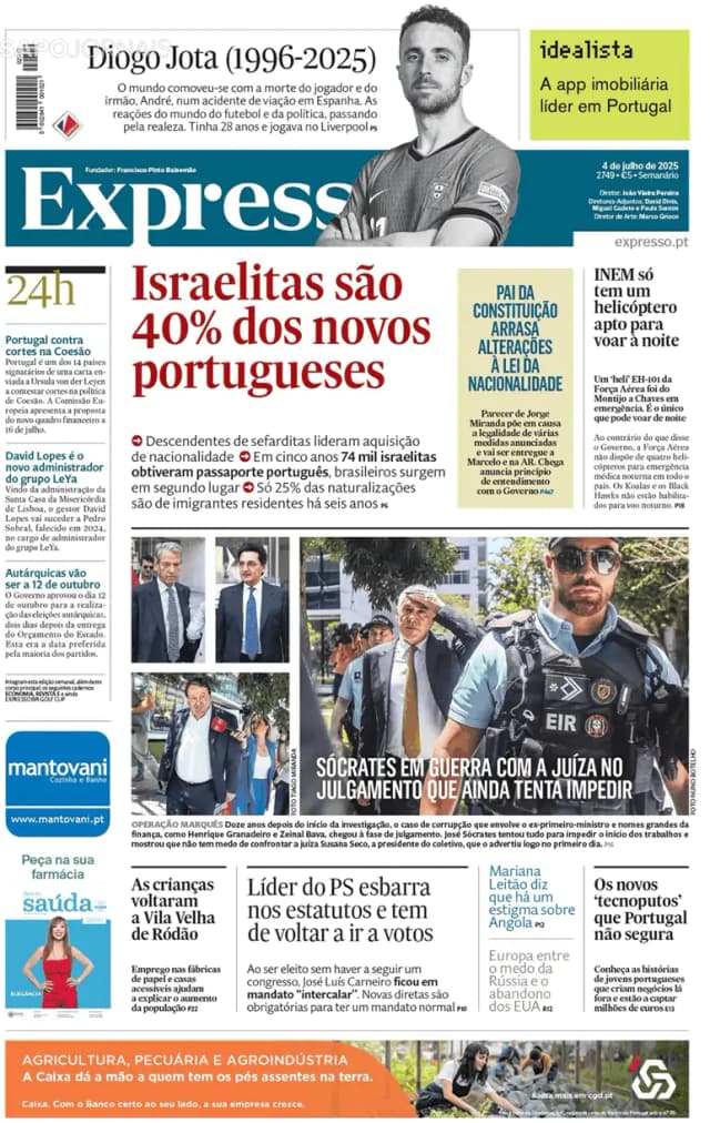 Capa jornal Expresso 2025-07-04