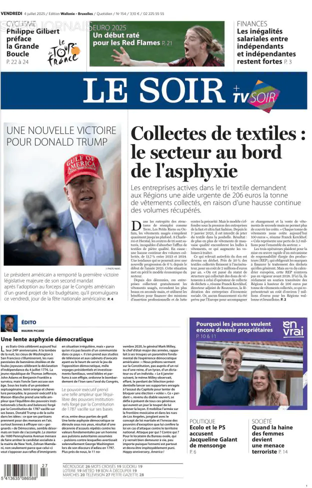 Capa jornal Le Soir 2025-07-04