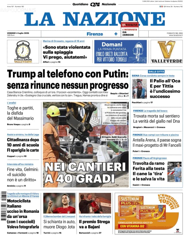 Capa jornal La Nazione 2025-07-04