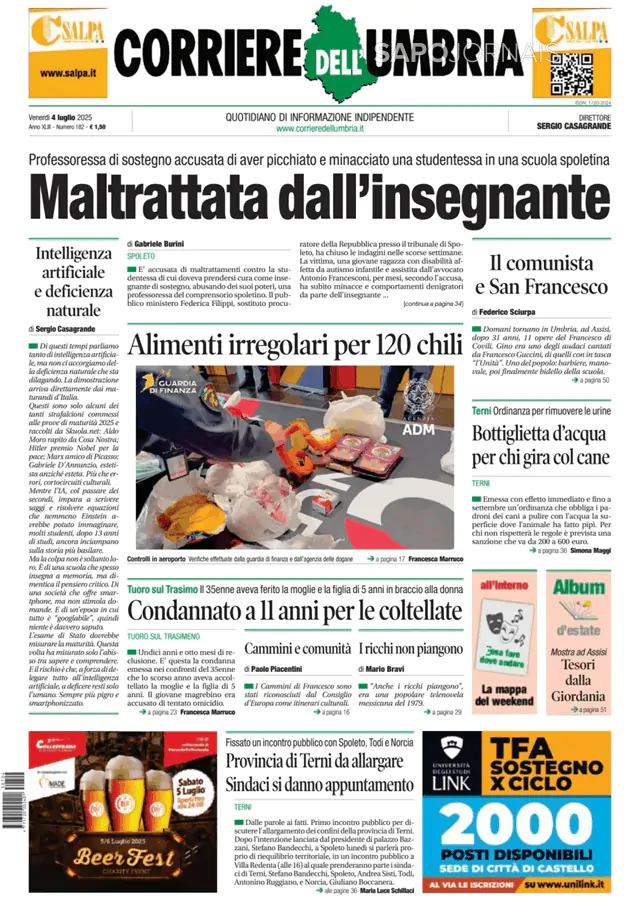 Capa jornal Corriere dell'Umbria 2025-07-04
