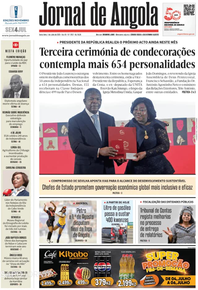Capa jornal Jornal de Angola 2025-07-04