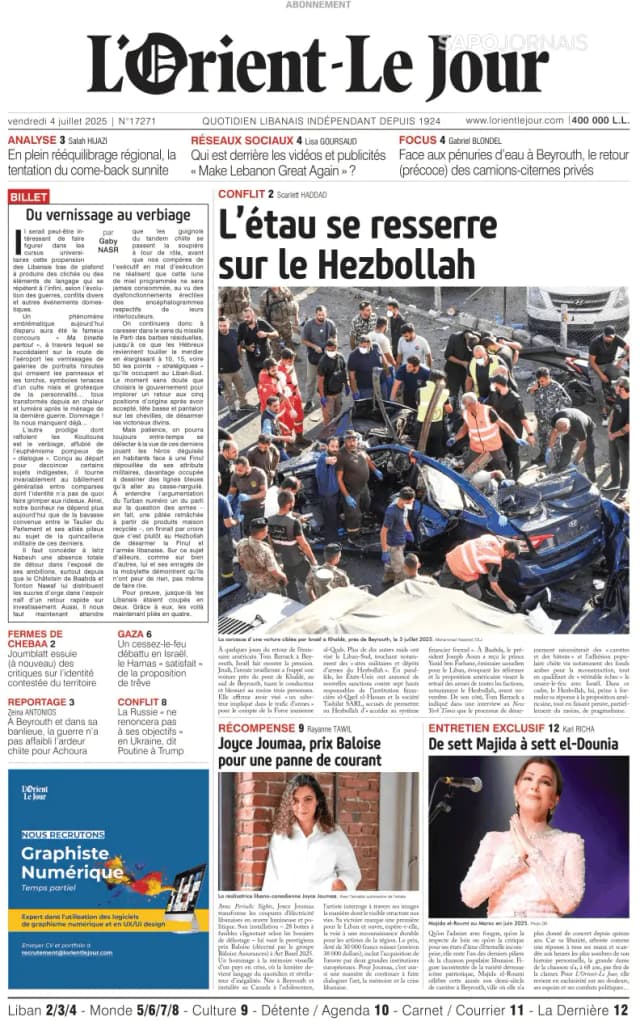 Capa jornal L'orient le jour 2025-07-04