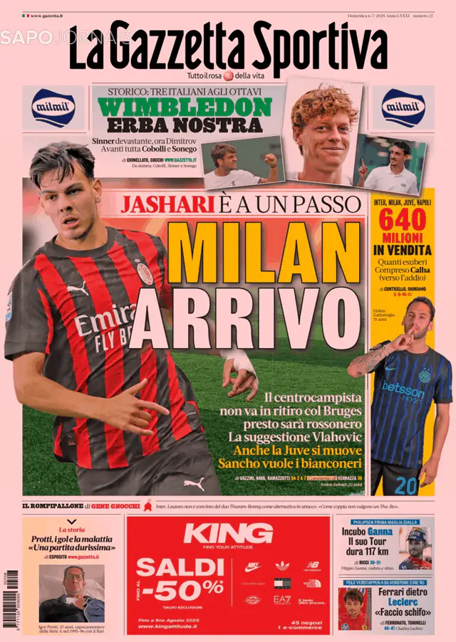 Capa jornal Gazzetta dello Sport 2025-07-06
