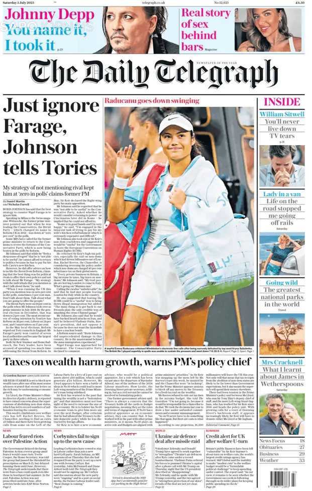 Capa jornal The Daily Telegraph 2025-07-05