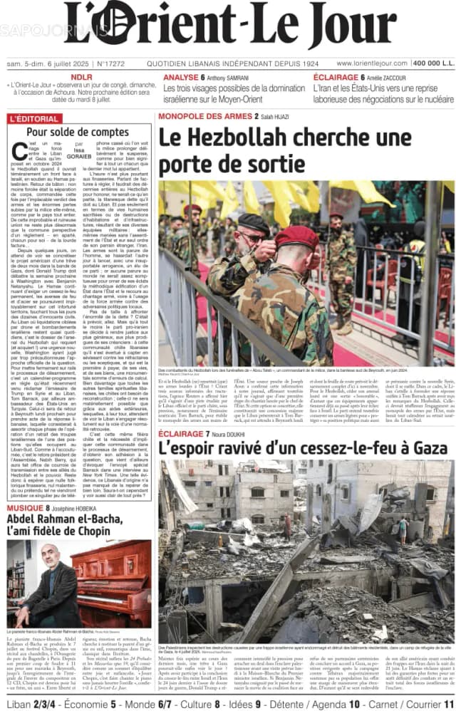 Capa jornal L'orient le jour 2025-07-05