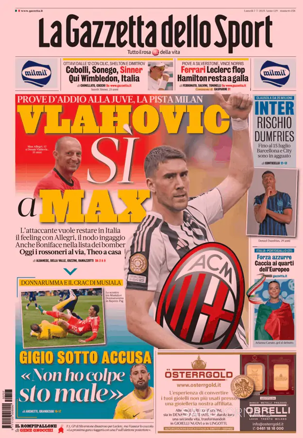 Capa jornal Gazzetta dello Sport 2025-07-07