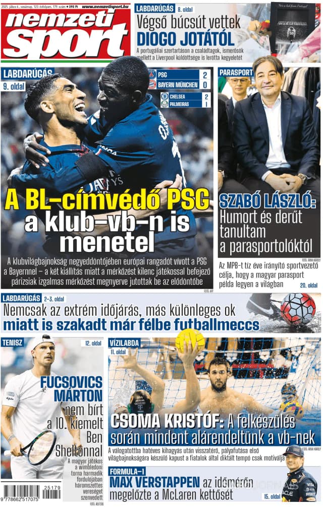 Capa jornal Nemzeti Sport 2025-07-06