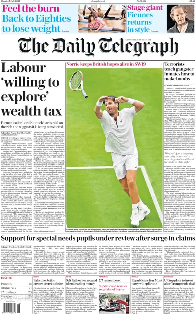 Capa jornal The Daily Telegraph 2025-07-07