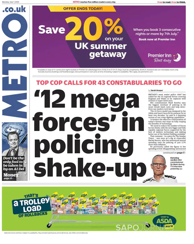 Capa jornal Metro London 2025-07-07
