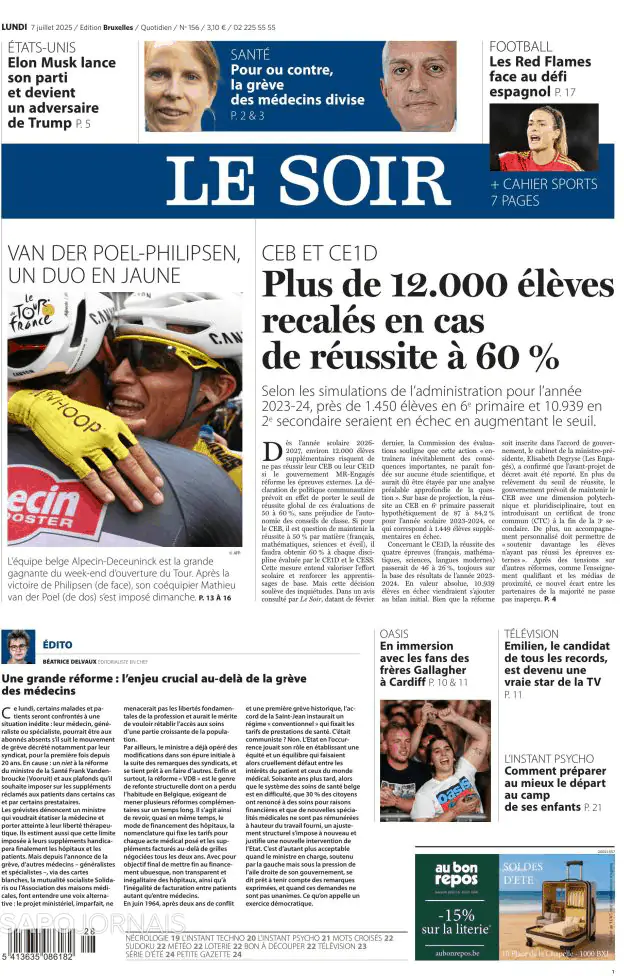 Capa jornal Le Soir 2025-07-07