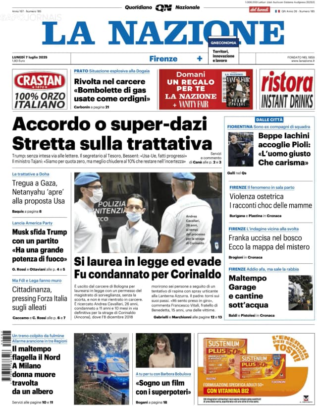 Capa jornal La Nazione 2025-07-07