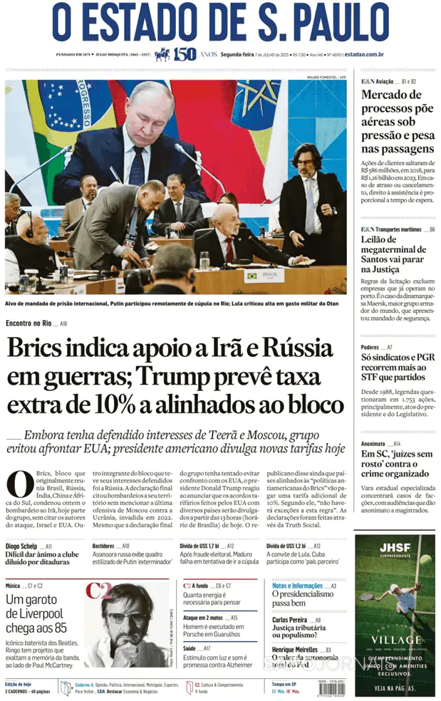Capa jornal O Estado de S. Paulo 2025-07-07