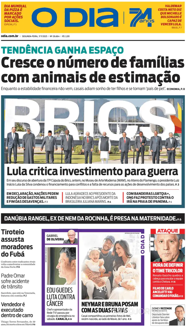 Capa jornal O Dia 2025-07-07