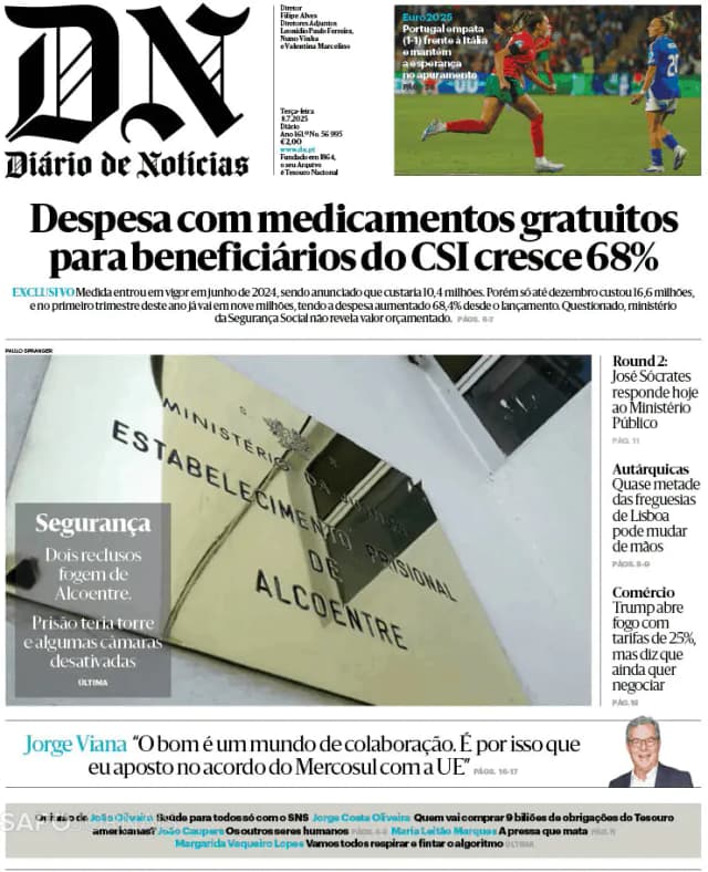 Capa jornal Diário de Notícias 2025-07-08
