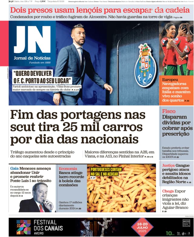 Capa jornal Jornal de Notícias 2025-07-08