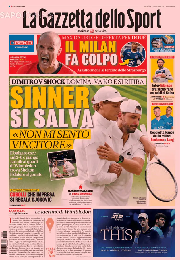 Capa jornal Gazzetta dello Sport 2025-07-08