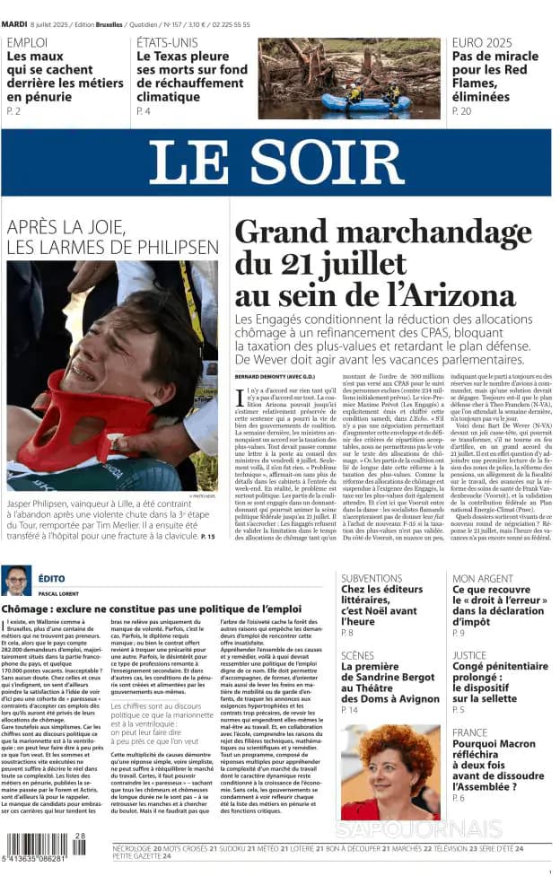 Capa jornal Le Soir 2025-07-08