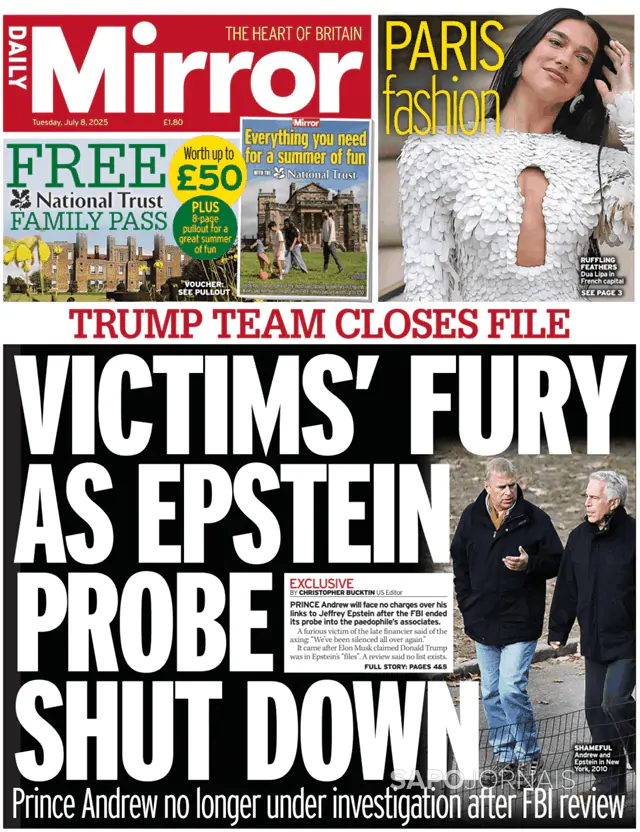 Capa jornal Daily Mirror 2025-07-08