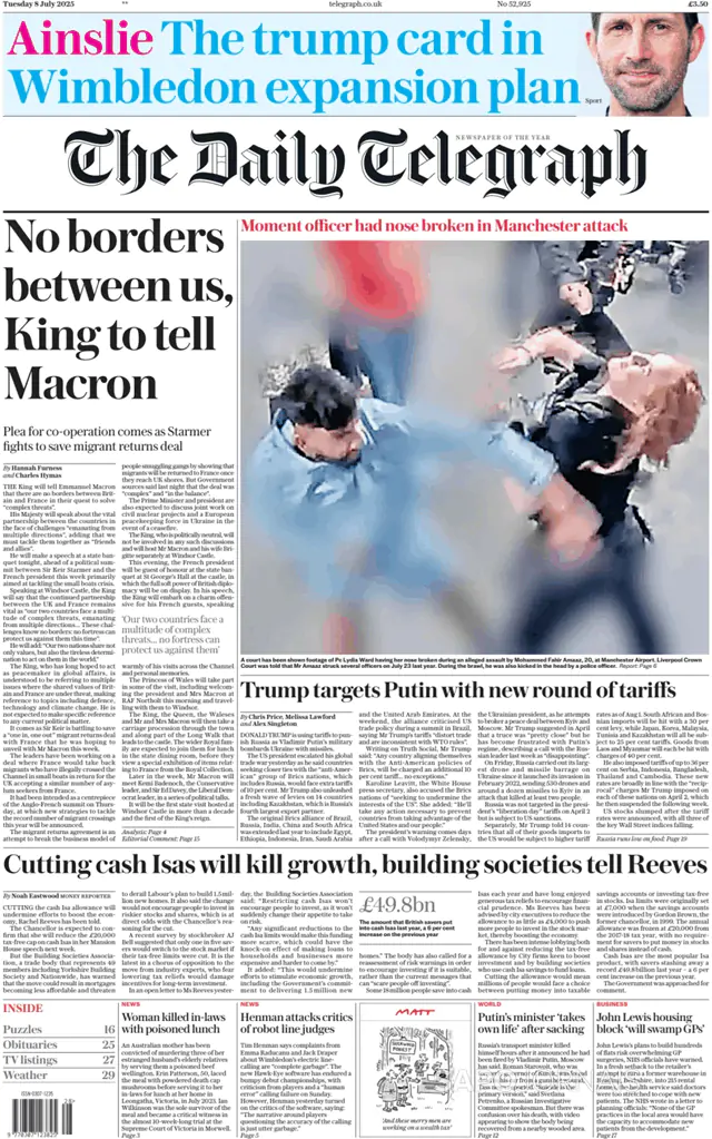 Capa jornal The Daily Telegraph 2025-07-08