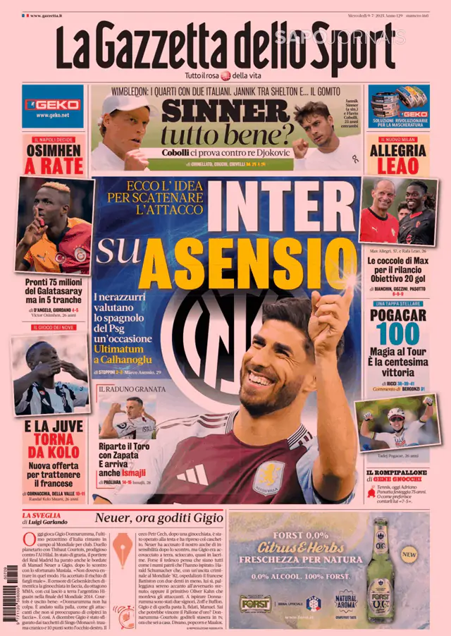 Capa jornal Gazzetta dello Sport 2025-07-09