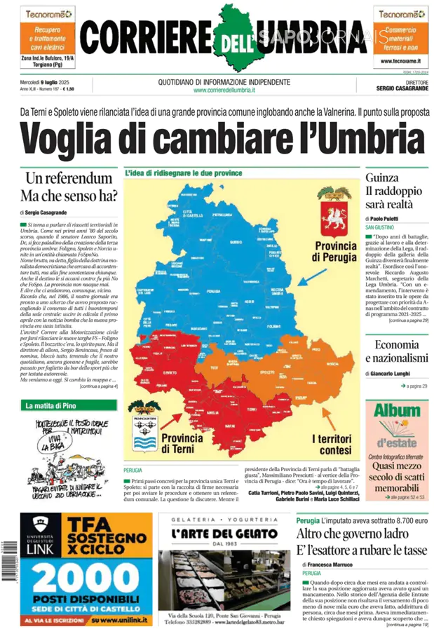 Capa jornal Corriere dell'Umbria 2025-07-09