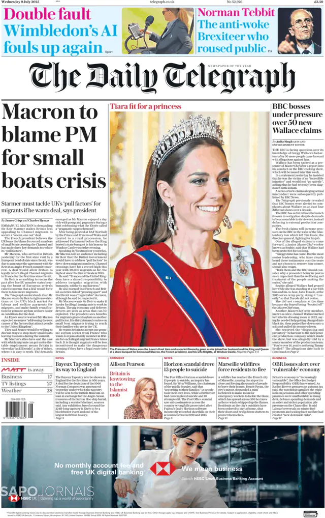Capa jornal The Daily Telegraph 2025-07-09