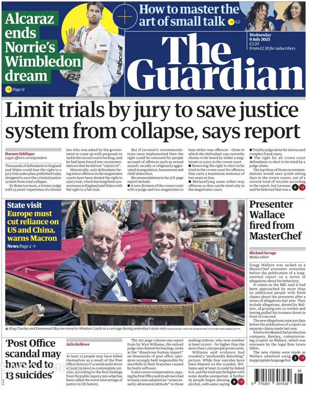 Capa jornal The Guardian 2025-07-09