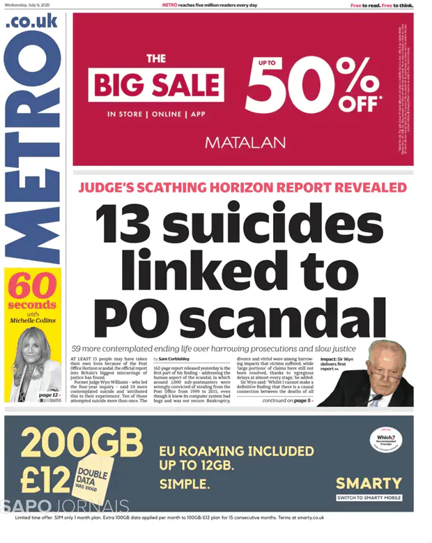 Capa jornal Metro London 2025-07-09