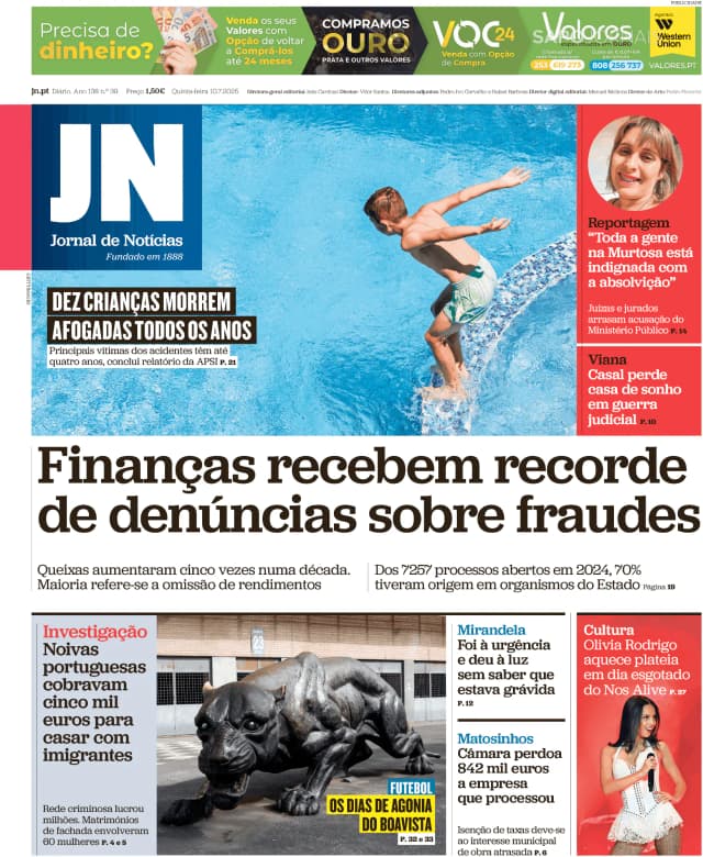 Capa jornal Jornal de Notícias 2025-07-10