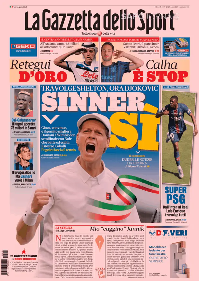 Capa jornal Gazzetta dello Sport 2025-07-10