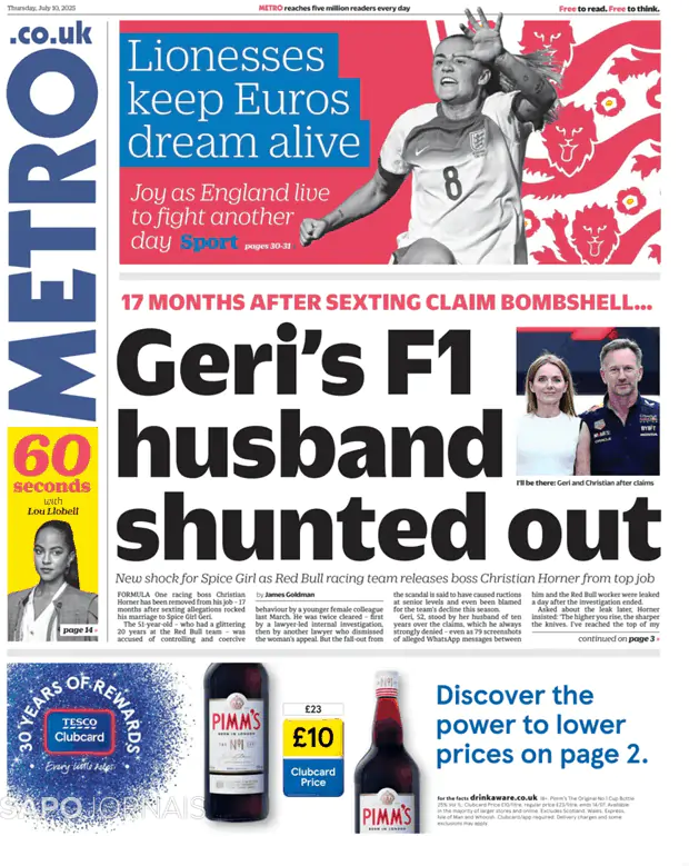 Capa jornal Metro London 2025-07-10