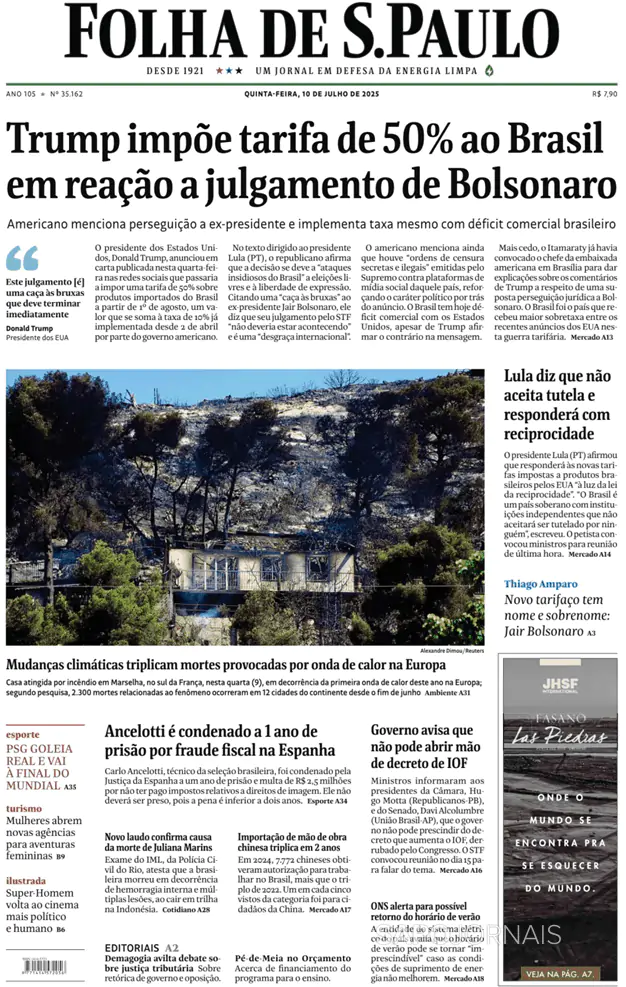 Capa jornal Folha de S. Paulo 2025-07-10