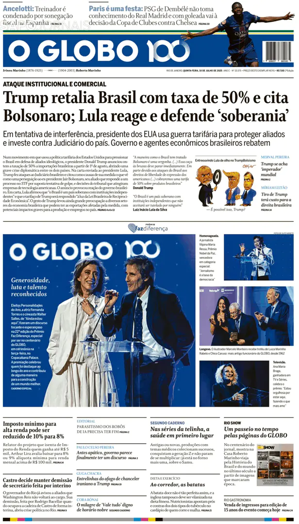 Capa jornal O Globo 2025-07-10