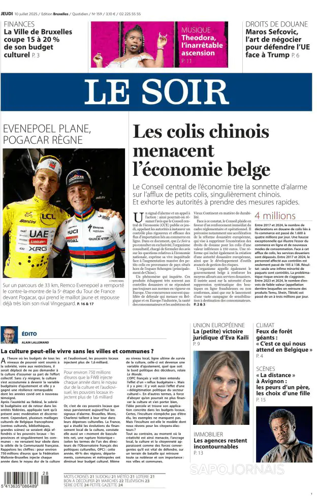 Capa jornal Le Soir 2025-07-10