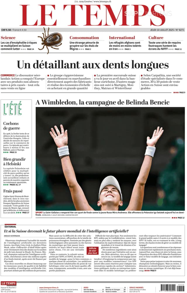Capa jornal Le Temps 2025-07-10