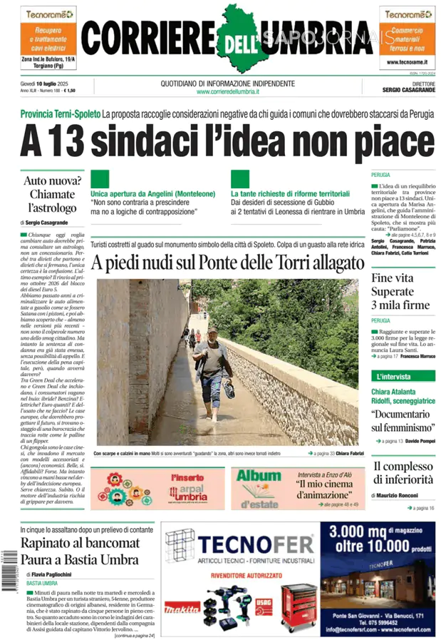 Capa jornal Corriere dell'Umbria 2025-07-10