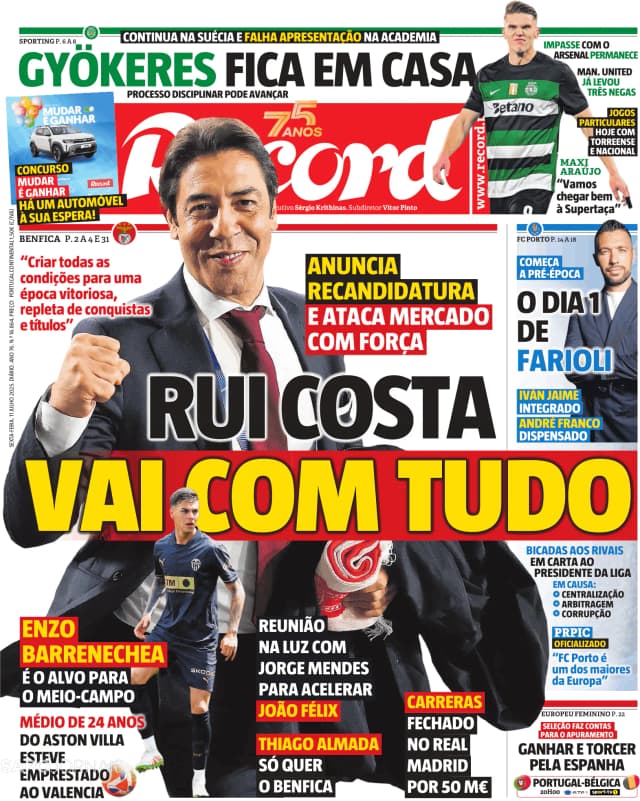 Capa jornal Record 2025-07-11