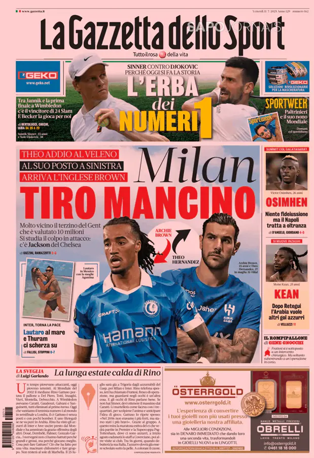 Capa jornal Gazzetta dello Sport 2025-07-11