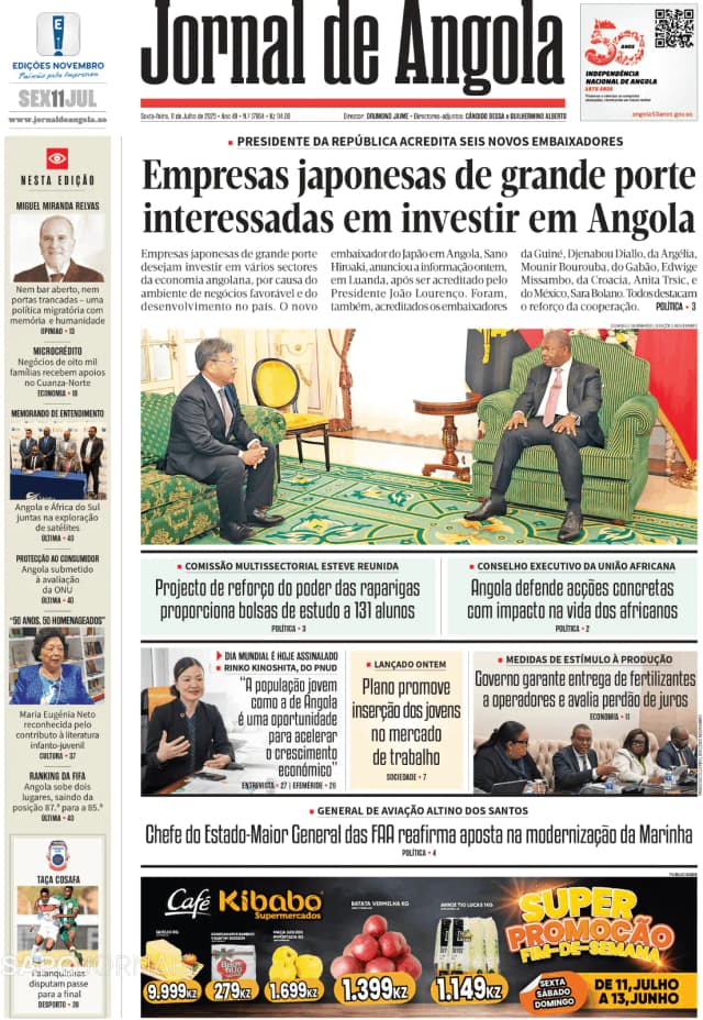 Capa jornal Jornal de Angola 2025-07-11