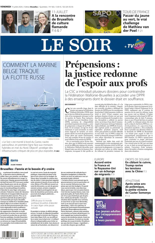 Capa jornal Le Soir 2025-07-11