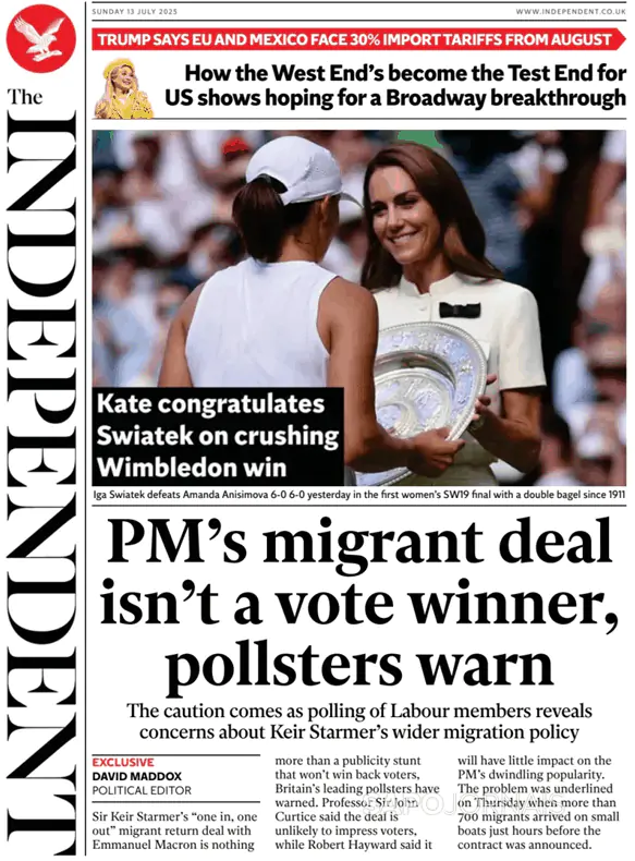 Capa jornal The Independent 2025-07-13