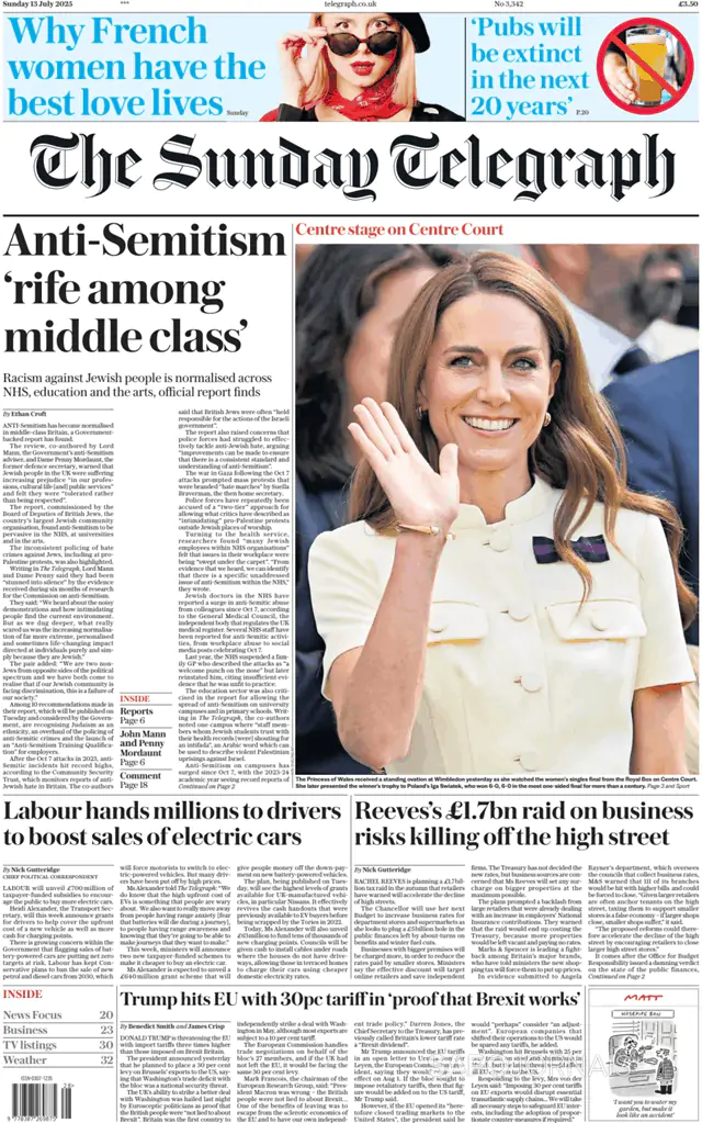 Capa jornal The Daily Telegraph 2025-07-13