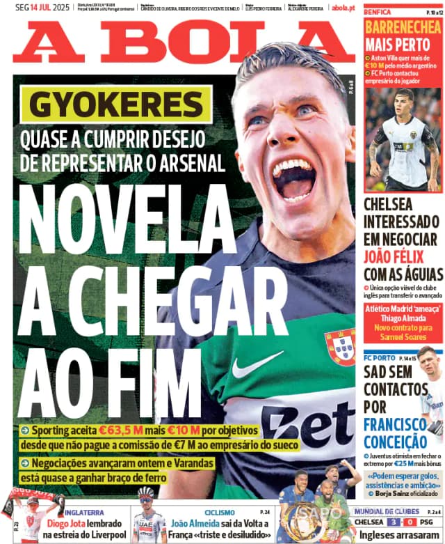 Capa jornal A Bola 2025-07-14