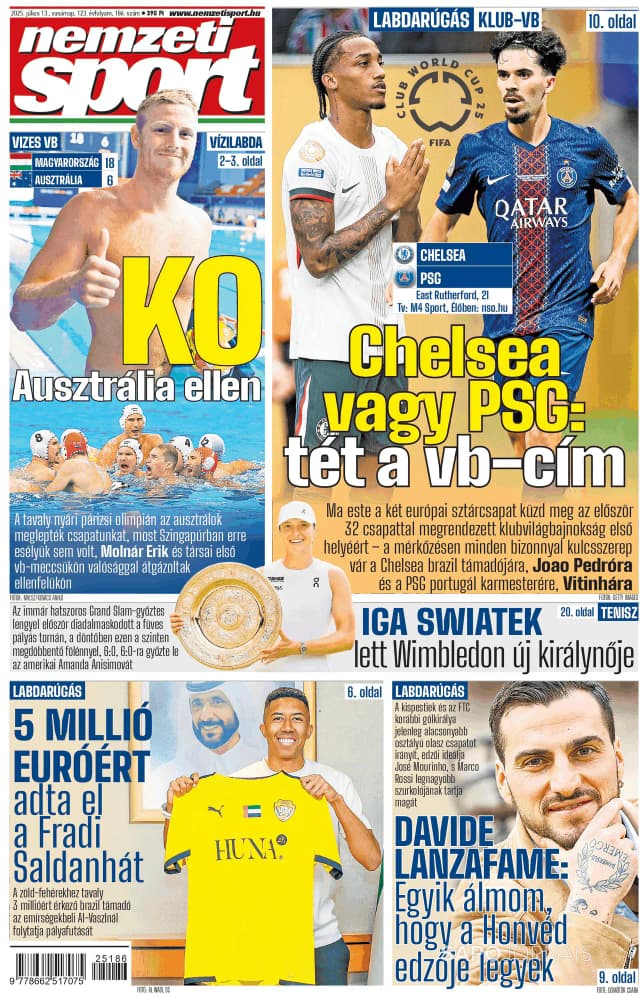 Capa jornal Nemzeti Sport 2025-07-13