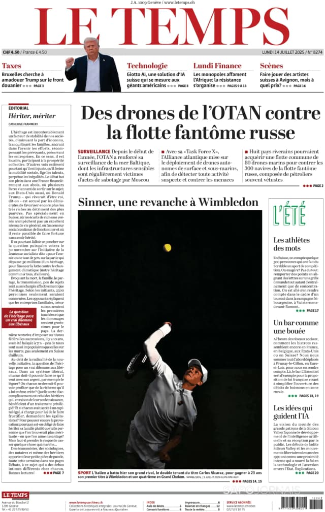 Capa jornal Le Temps 2025-07-14