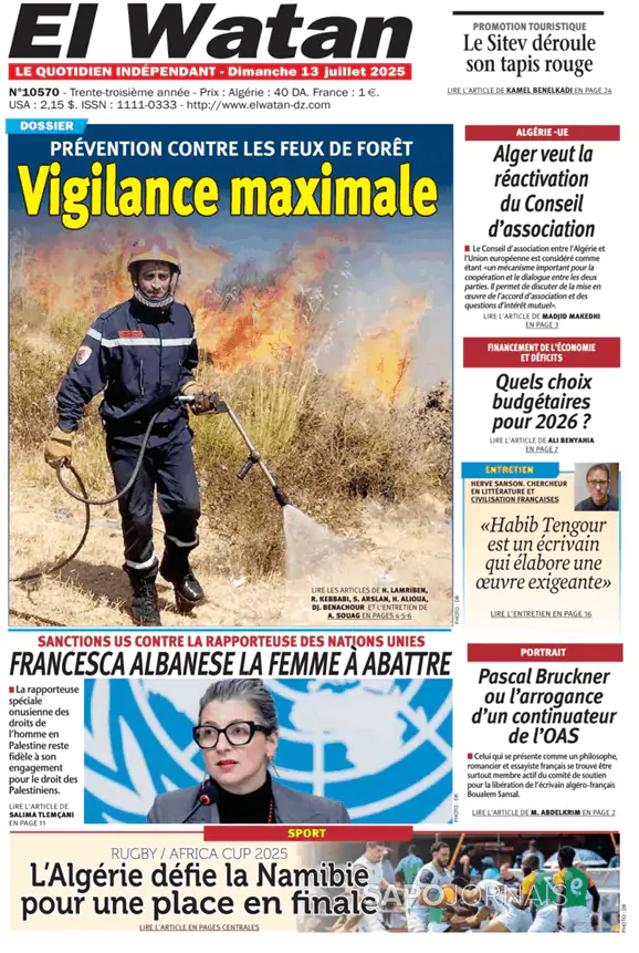 Capa jornal El Watan 2025-07-13