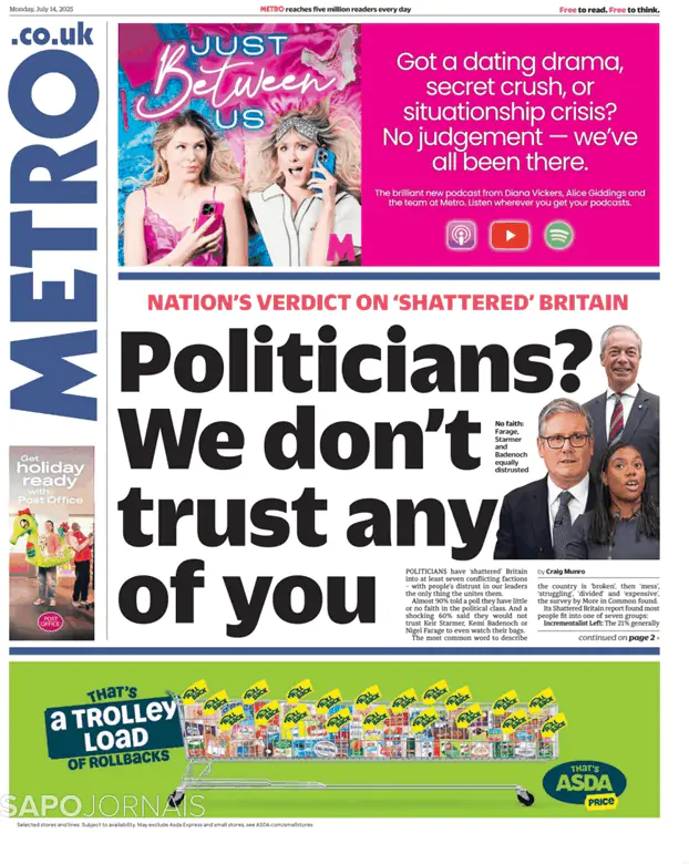 Capa jornal Metro London 2025-07-14
